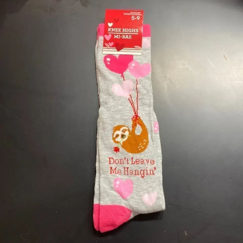 Women’s Knee High Pink & Gray Socks. Size 5-9. Sloth And Hearts Love Design.